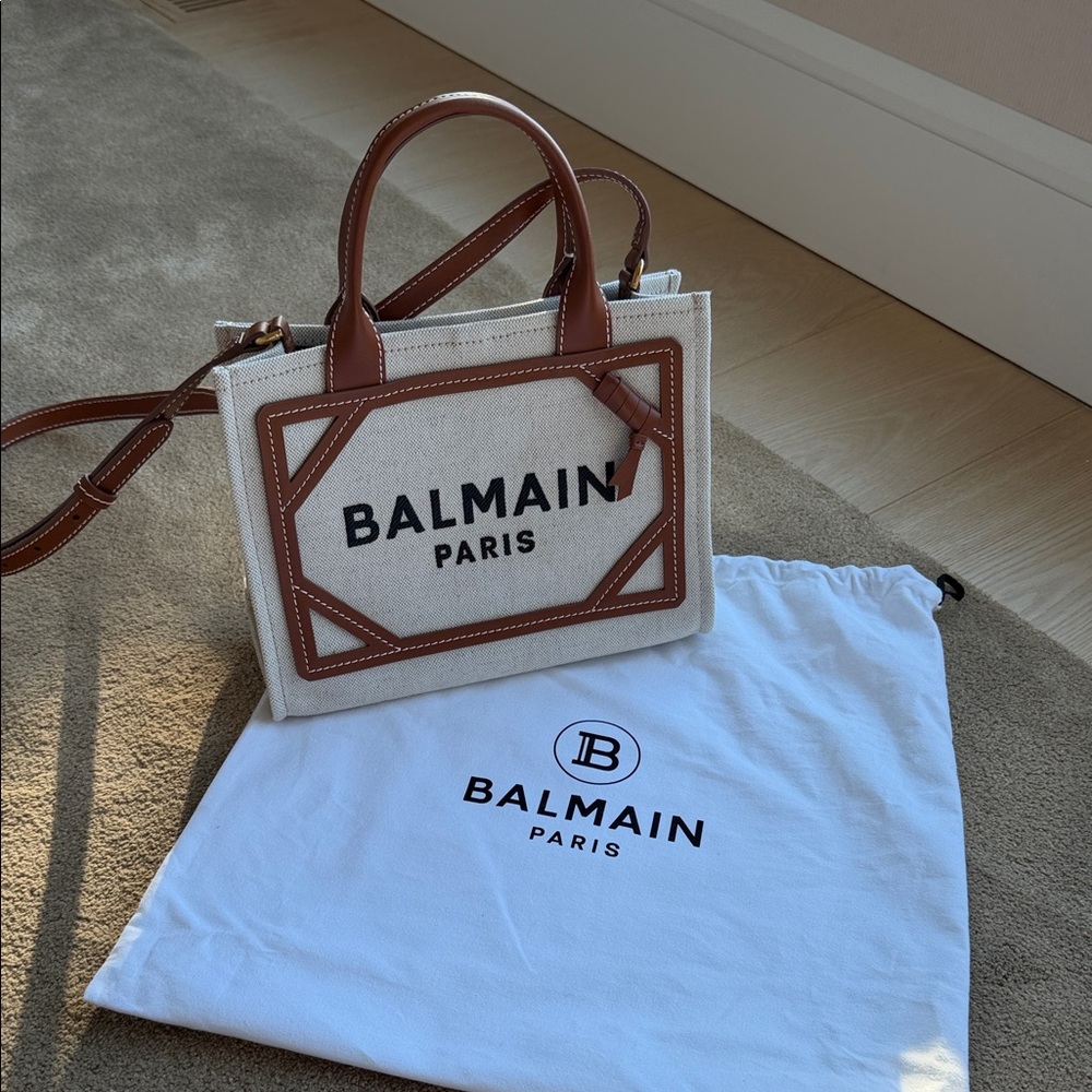 Balmain Beige Canvas bag with Brown Leather Trim